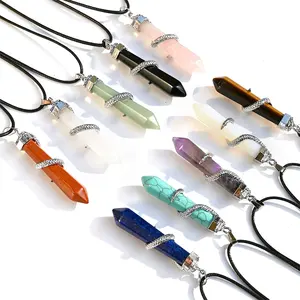 Fashion Designer Simple silver metal seven chakra Snake wrapped Crystal wand point pendant Necklace Jewelry for healing