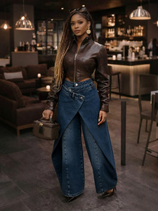 S1529 - Jeans de Moda para Mujer, Cintura Alta, Pierna Ancha Irregular, Pantalones de Mezclilla Holgados e Informales - Product Image 4