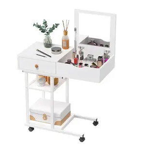 작은 공간을위한 거울이있는 움직일 수있는 화장대 책상 침실을위한 서랍과 선반이있는 컴퓨터 책상 메이크업 화장대