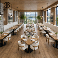 Table carrée en bois Ron Group pour restaurant moderne, chaise rembourrée avec structure en bois, banquette confortable en tissu, mobilier.