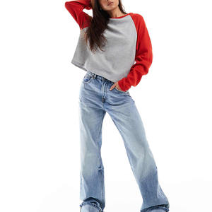 T-shirt da <span class=keywords><strong>Donna</strong></span> 100% Cotone a Maglia Waffle, Manica Lunga con Logo Personalizzato, Collo Tondo, <span class=keywords><strong>Oversize</strong></span>, Spalle Cadenti, Manica Lunga a Blocchi - Product Image 3