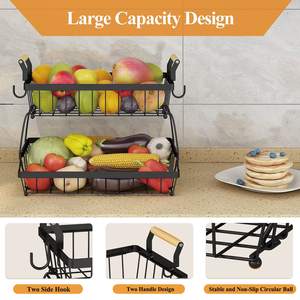 Cesta de frutas de 3 niveles con ganchos de plátano Soporte de cesta de almacenamiento de verduras desmontable con mango de <span class=keywords><strong>madera</strong></span> negro 2 niveles - Product Image 6
