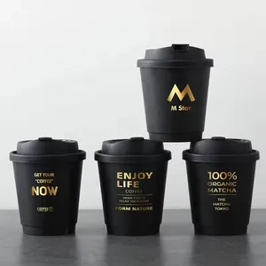 Xícaras de café descartáveis de papel ecológicas de 7 onças com logotipo personalizado de parede dupla preto para viagem no atacado