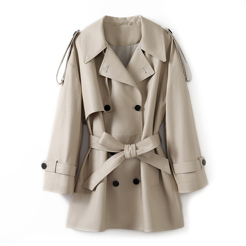 5169 Leather Jacket Autumn and Winter Wide Version Sheepskin Double Breasted Waistband Mid to Long Casual Windbreaker Jacket