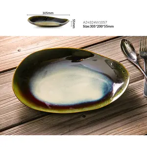 WEIYE "숨겨진 호수" 시리즈 소박한 석기 도자기 녹색 접시 사용자 정의 접시 불규칙한 색의 유약 세라믹 접시