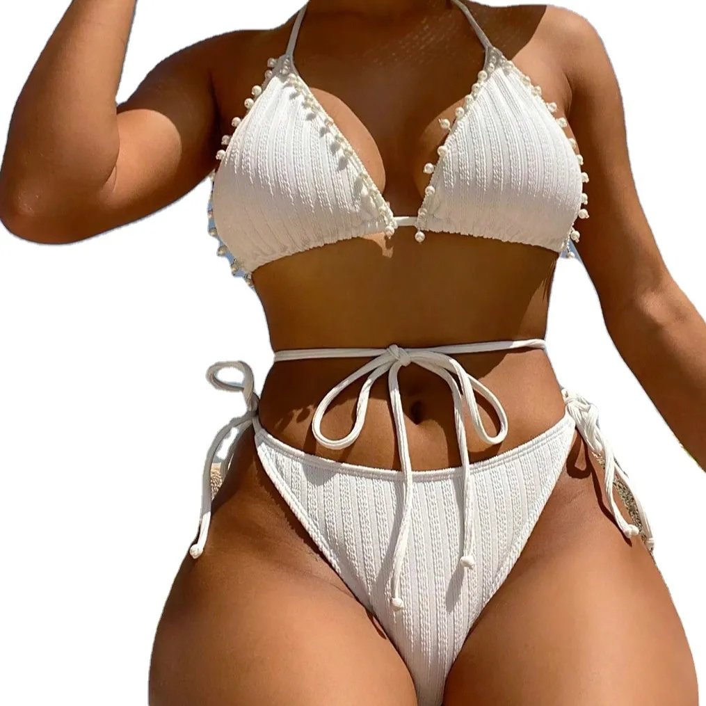 2023 nuevo estilo traje de baño Bikini de playa blanco liso, traje de baño sexy y suave con ribete de flecos