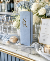 Carte de menu de bar de mariage personnalisée en velours, logo personnalisé, menu de boissons pliable, cocktail de luxe, décoration de bar de réception de mariage