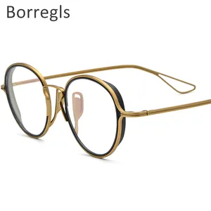 Borregls Titanium Glasses Frame Men Vintage Round Prescription Eyeglasses Women Optical Eyewear with Titanium Ineer Ring 185688