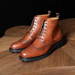 High Top Chelsea Retro Brogue Ankle Boots Rubber Upper Waterproof Slip-On Breathable Round Toe Heightening Feature - Product Image 1
