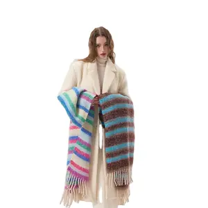 Fashion Warm Rainbow Colourful Horizontal Stripe Winter Scarf Ready To Ship Soft Warm Blanket Cashmere Scarves With Tassels