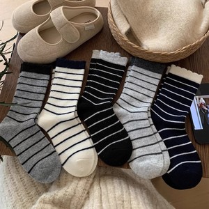 Striped Slouch Socks For Women Mid Calf Lace Trim Thermo Sweat Absorbing Polyester Fiber Casual Autumn Winter Wear - Product Image 5