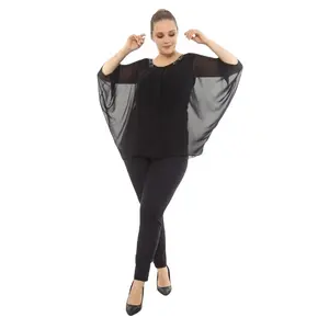 New Collection 2022 Trendy Chiffon Butterfly Sleeve Black Chiffon Plus Size Blouse Solid Color Ladies Wear Women's Clothing