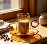 Ensemble de tasses en verre borosilicate à double paroi WUSO, tasse intérieure ambrée et soucoupe assortie, poignée à anneau rouge, résistant à la chaleur pour le café et le thé