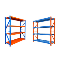 Étagère de rangement d'entrepôt bleue et orange avec vis d'assemblage, hauteur réglable, trous papillon et diamant, possibilité d'ajouter des étagères supplémentaires