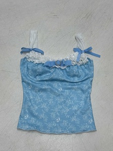Blue Floral Print Square Neck Knit Camisole Lace Bow Splice Slim Fit Tank Top Sweet Girls Style - Product Image 6