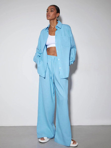 Vêtements en lin à manches longues OEM très vendus ensemble décontracté 2 pièces pour femmes vêtements de travail de couleur personnalisée - Product Image 2
