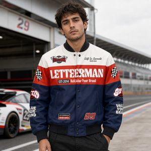 Blouson Bomber d'Hiver pour Homme Style Rétro Course Personnalisé, Coupe-Vent, Protection Anti-UV, avec Logo Patch Drapeau de Course Personnalisé, Multicolore - Product Image 2