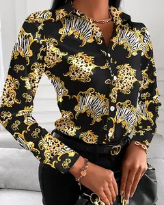 Factory direction lady clothes turn down floral printing basic long sleeve casual stylish shirt for women