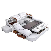 Ensemble lit-canapé en cuir de luxe moderne, taille Queen/King, matelas double, multifonctionnel, rangement, massage, réglable, écologique