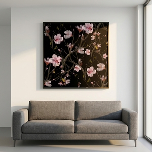 ヴィンテージ刺繍スタイルの花柄キャンバスウォールアート黒背景ケシライラックの花の絵画家の装飾リビングルームオフィス - Product Image 3