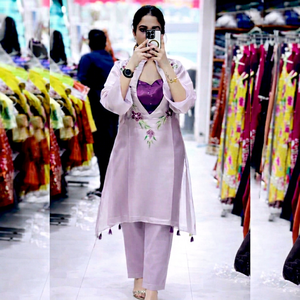 Shivam <b>Women</b> Embroidered Traditional Organza <b>Kurti</b> Co Ord Set Indian Pakistani Salwar Kameez Purple Floral Ethnic Outfit Quick - Product Image 1