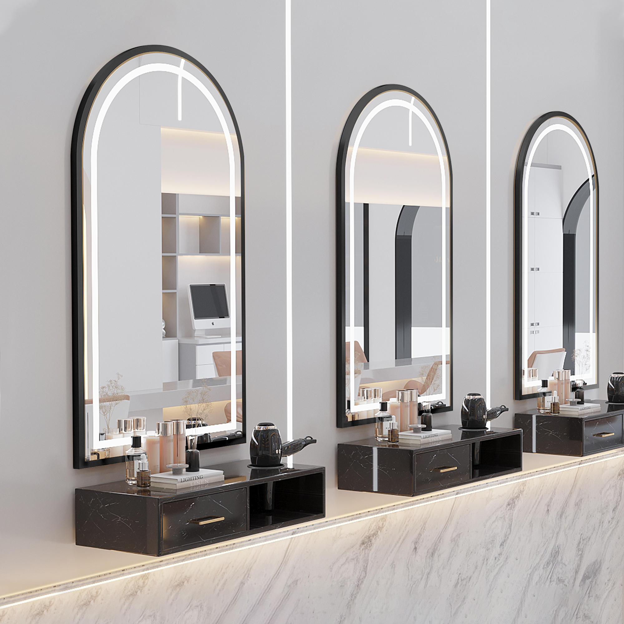 Black-framed door shape + black wall cabinet