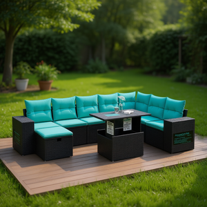 Black Poly Rattan Garden <b>Sofa</b> <b>Set</b> With Cushions 9 Piece Outdoor Furniture Contemporary Design - Product Image 2
