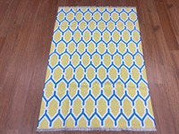 Tapis persan tissé à la main en coton, lavable, écologique, antidérapant, base jaune, motif Ikat bleu, doux, léger, moderne, pour la prière et la maison