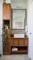Meuble-lavabo flottant classique et minimaliste personnalisé avec vasque intégrée et miroir LED intelligent en bois massif