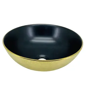 Großhandel ovale form arbeitsplatte-waschbecken lavabo schwarz und gold waschbecken luxus-hotel-keramik-badezimmer-waschbecken