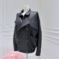 Blouson de moto en cuir noir pour femme, en peau de mouton véritable texturée, imperméable, coupe oversize, multi-revers, grandes poches, automne