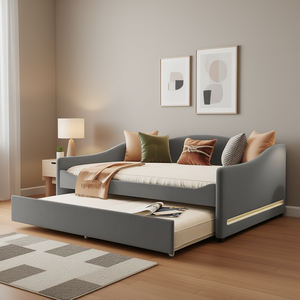 Divano letto imbottito in pile Full Size in grigio chiaro con letto a rotelle con rivestimento comodo - Product Image 2