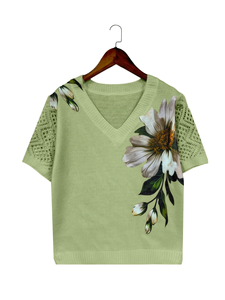 Women's Mint Green Floral Knit Top 2026 Summer V-Neck Short Sleeve Asymmetric <strong>Daisy</strong> Print Sweater Pointelle <strong>Jumper</strong> - Product Image 6