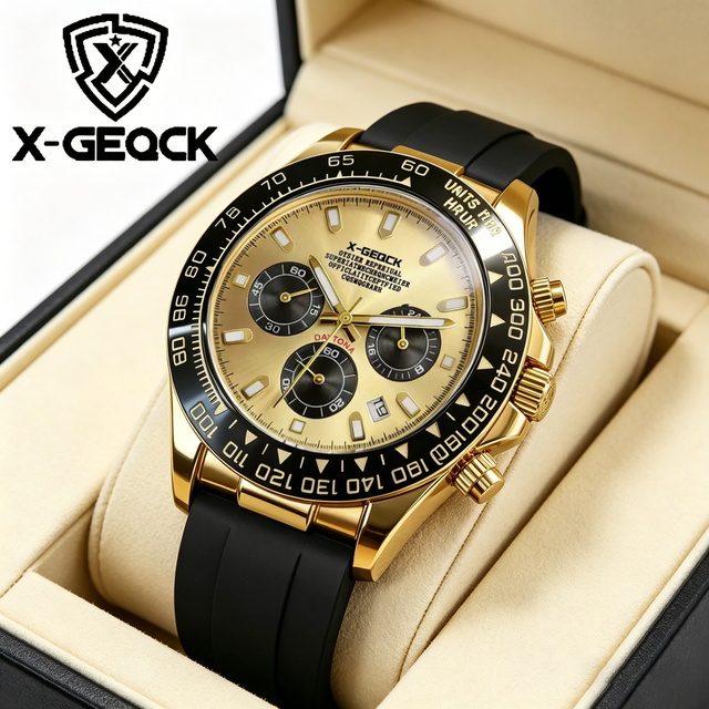 X-GEQCK Brand Gold Luxury Fashion Moon Phase Multifunctional Night Light Waterproof Timing Business Date Men's Watch