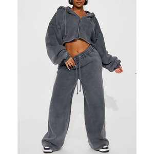 Ensembles de survêtement avec logo personnalisé automne 2024 ensemble de survêtement pour femmes 100% pantalon de survêtement en coton délavé à l'acide et ensemble court de sweat à capuche zippé - Product Image 1