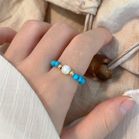 Modischer Ring Handgefertigter Naturstein-Perlenring Türkis und Natürliche Süßwasserperle Elastisches Band Offener Verstellbarer Ring