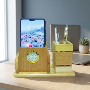 Organiseur de bureau en bois avec horloge et porte-stylos pour usage professionnel - Product Image 3