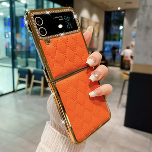 Funda de teléfono de cuero con entramado de borde de diamante chapado de lujo para Samsung <span class=keywords><strong>Zflip</strong></span> 5 4 3 Color sólido Flip 4 contraportada - Product Image 3