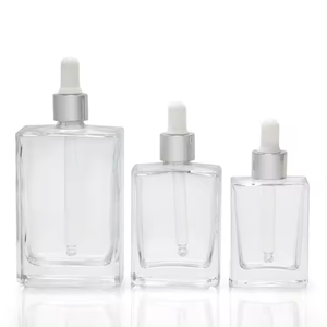평평한 사각형 직사각형 럭셔리 15ml 30ml 50ml 100ml 투명 유리 스포이드 병 (칼라와 함께) 혈청 에센셜 오일 - Product Image 1