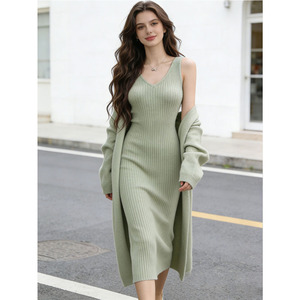 Completo in <span class=keywords><strong>maglia</strong></span> da donna 2 pezzi Primavera 2026, Abito midi senza maniche a costine con scollo a V + Cardigan lungo aperto, Elegante <span class=keywords><strong>outfit</strong></span> casual in <span class=keywords><strong>maglia</strong></span> - Product Image 4