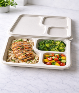ถาดอาหารแบกาสสีขาวรักษ์โลก 3 ช่อง พร้อมฝาปิด สำหรับส่งอาหาร จัดเลี้ยง ภาชนะใช้แล้วทิ้ง และบรรจุภัณฑ์ที่ยั่งยืน - Product Image 1