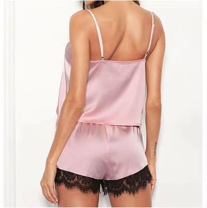 Conjunto de pijama de encaje sexy y transpirable para mujer, 2 piezas, lencería de moda para verano, elegante top sin mangas y pantalones cortos, ropa de dormir. - Product Image 4