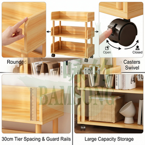 Étagère mobile autoportante <span class=keywords><strong>à</strong></span> 3 niveaux avec garde-corps latéral et <span class=keywords><strong>roulettes</strong></span> verrouillables, anti-chute et facile <span class=keywords><strong>à</strong></span> déplacer, pour utilisation en baie vitrée, chariot de rangement décoratif - Product Image 3