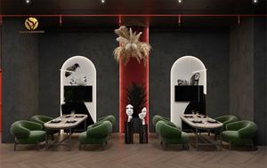 Plan de Diseño Interior de Cafetería Elegante, Mostrador Dorado para Exhibición de Pasteles, Conjunto de Comedor Moderno para Cafetería y Restaurante, Sillón de Terciopelo - Product Image 4