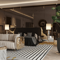 Hochwertiges Luxuriöses Samtbezogenes Kopfteil für Hotel- und Villenschlafzimmer, Weiches Bett mit Goldpolierten Messingakzenten