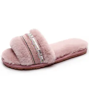 Women's newest fur lined women winter slippers indoor home warm Beauty salon faux fur shoes