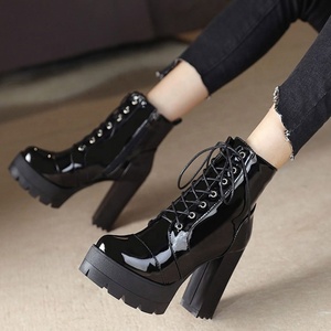 Mirror Patent Leather Platform Round Toe Women Ankle <b>Boots</b> Big Size 43 Side Zipper Chunky High Heel Short Booties for Ladies - Product Image 3