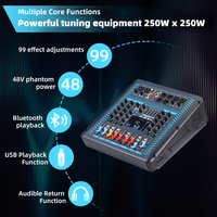 Nouvelle console de mixage DJ professionnelle 2*250W avec amplificateur de puissance, 5 canaux, USB, Bluetooth et alimentation fantôme 48V