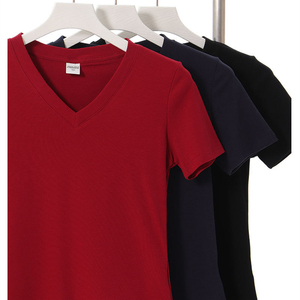 T-<span class=keywords><strong>shirt</strong></span> <span class=keywords><strong>basique</strong></span> d'été pour <span class=keywords><strong>femme</strong></span> RUICHI, col en V, en fil de spandex, manches courtes, couleur unie, coupe ajustée - Product Image 4
