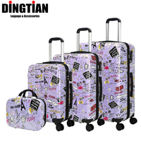 Valise de voyage portable à roulettes en ABS+PC à surface lisse avec impression colorée et trousse de toilette